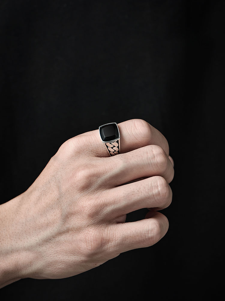 Sterling Silver Black Onyx Cuban-Style Wide Ring