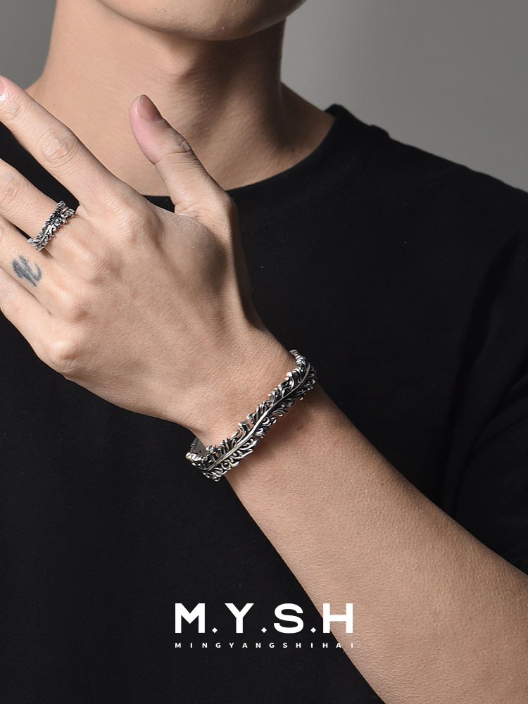 S925 Silver Vine Feather Cuff Bracelet for Men