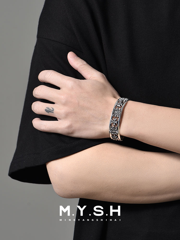 S925 Silver Gothic Cross Cuff Bracelet for Men
