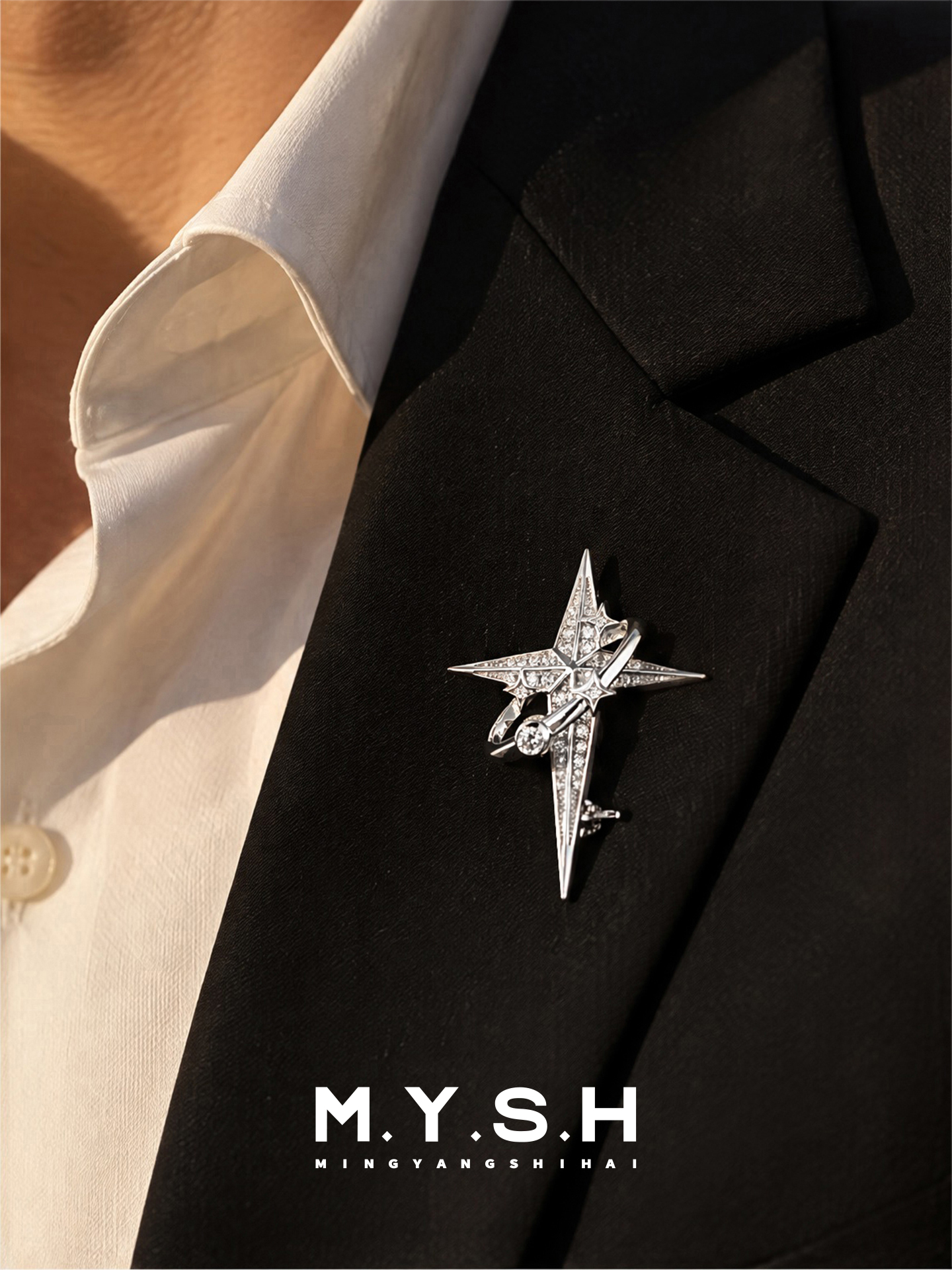 S925 Silver Cross Star Brooch for Men