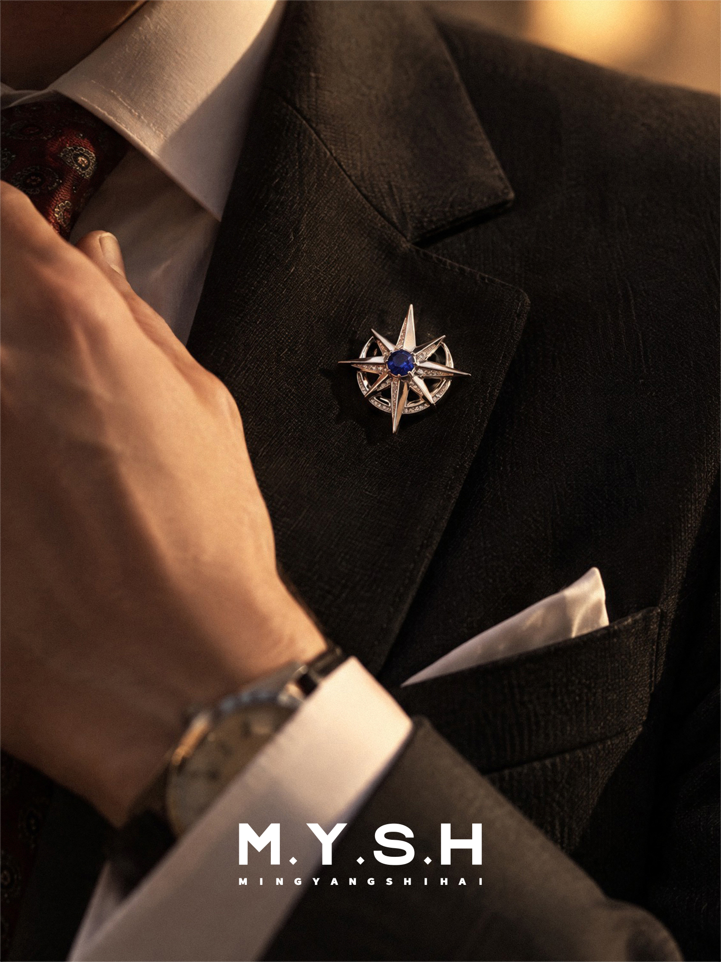 S925 Silver Eight-Point Star Brooch for Men