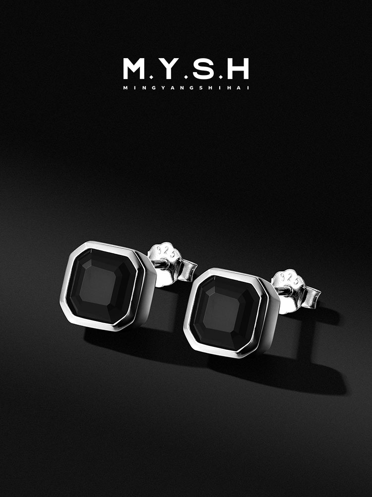 S925 Silver Black Onyx Stud Earrings for Men