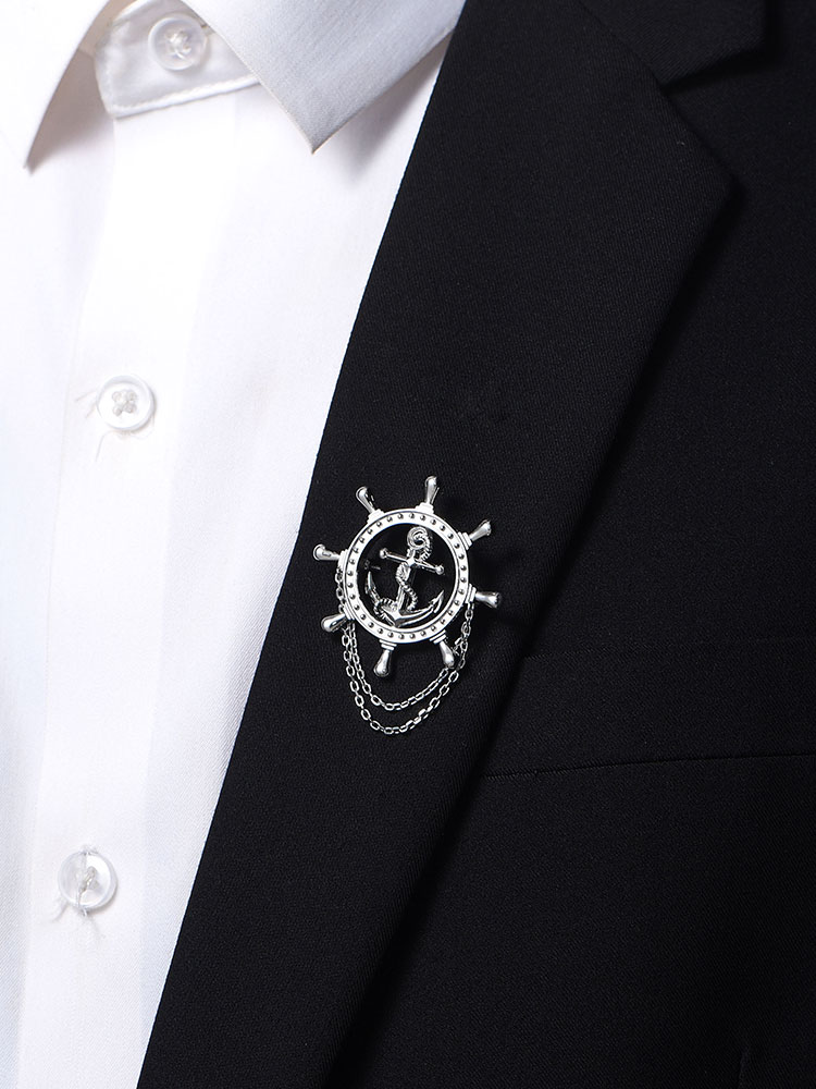 S925 Silver Ship Wheel & Anchor Chain Brooch