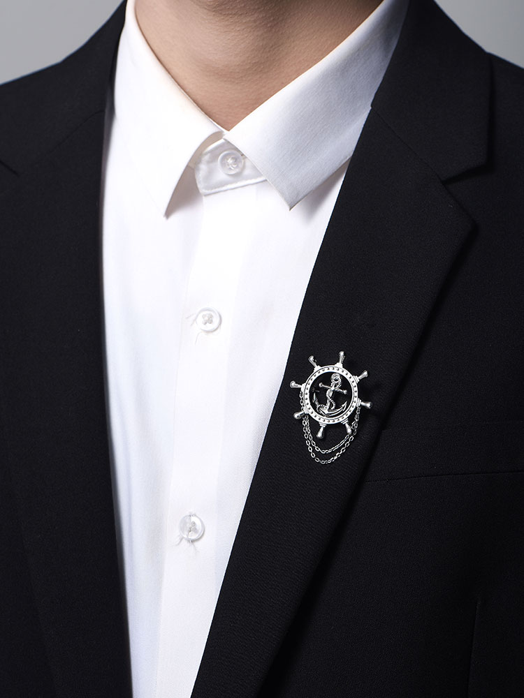 S925 Silver Ship Wheel & Anchor Chain Brooch
