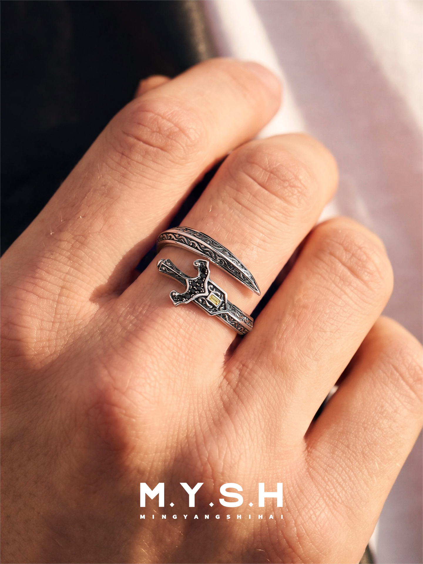 S925 Silver Knight Sword Open Ring for Men