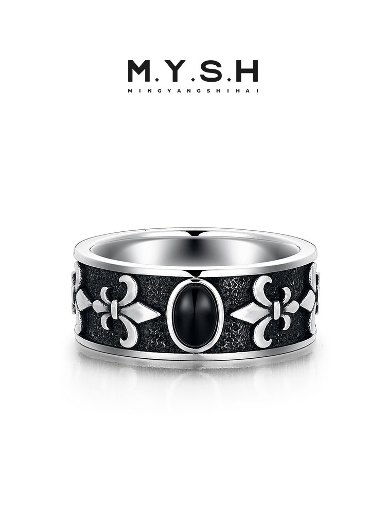 S925 Silver Black Onyx Fleur-de-Lis Wide Band Ring