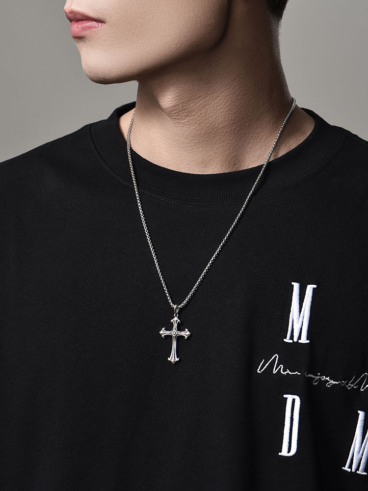 S925 Silver Oxidized Fleur-de-Lis Cross Pendant Necklace