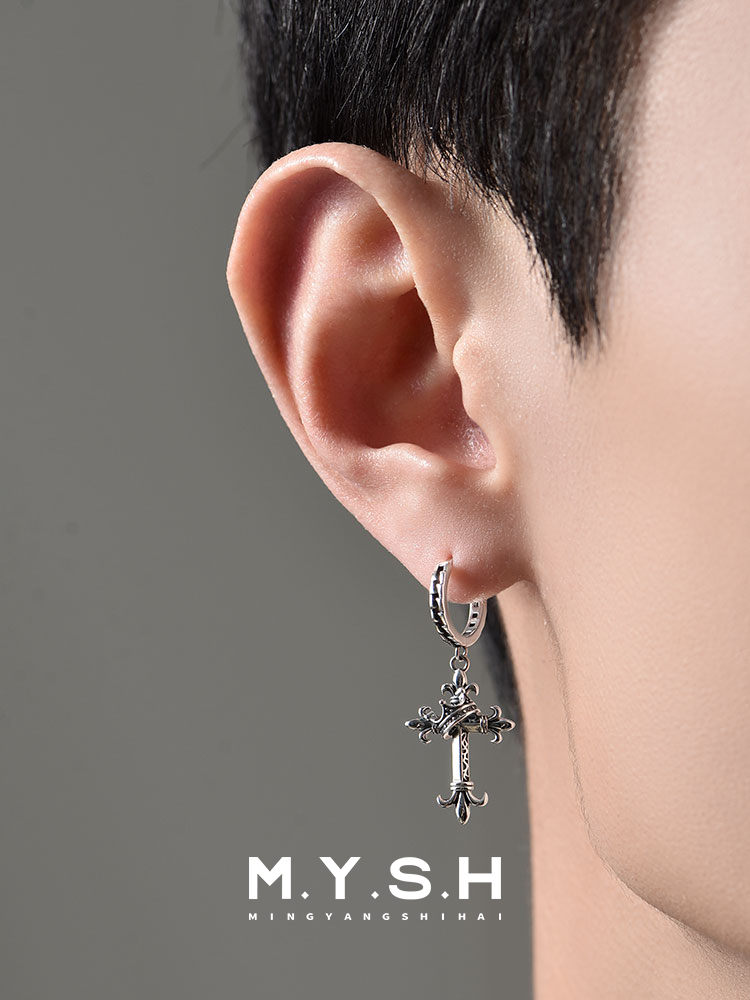 S925 Silver Fleur-de-Lis Crown Cross Drop Earrings