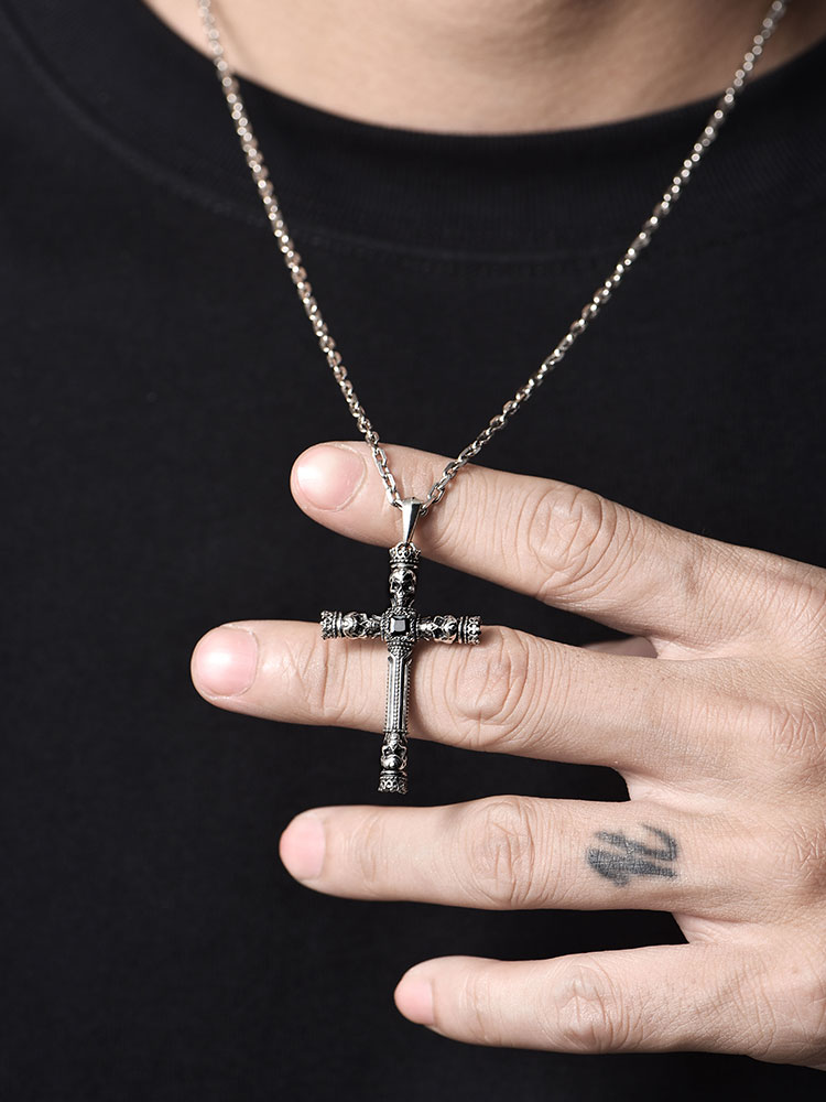 S925 Silver Skull Crown Cross Pendant Necklace-MYSH