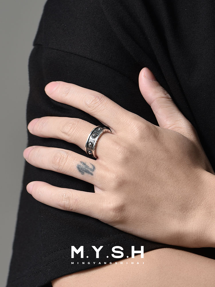 S925 Silver Soccer Ball Black Inlay Ring