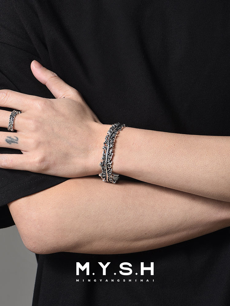 S925 Silver Vine Feather Cuff Bracelet for Men