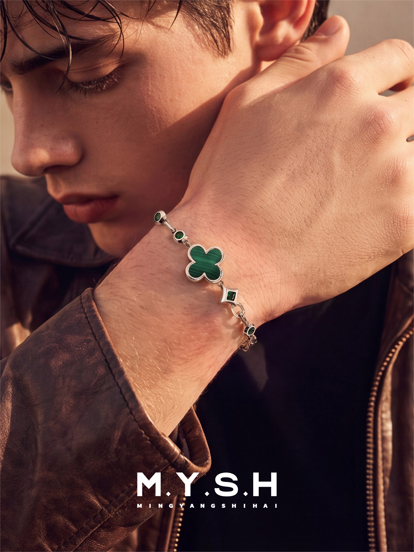 S925 Silver Black Agate Four-Leaf Clover Bracelet for Men
