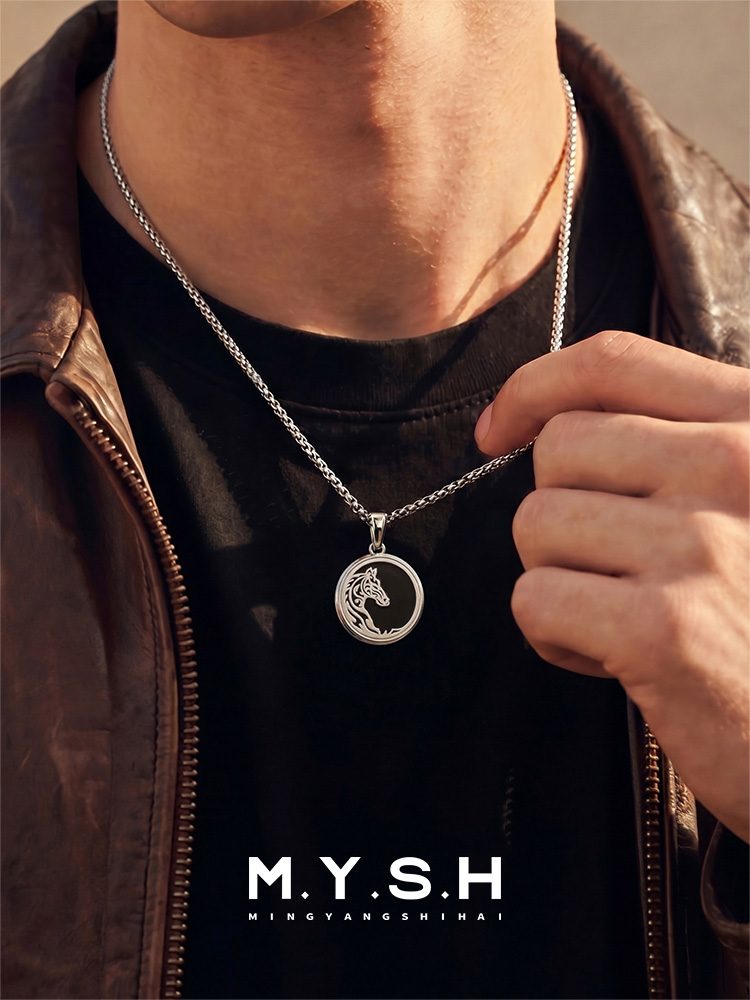 S925 Silver Black Agate Horse Pendant Necklace
