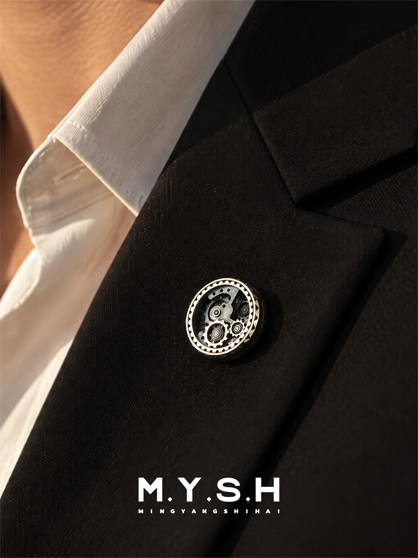 S925 Silver Gear Movement Brooch for Men