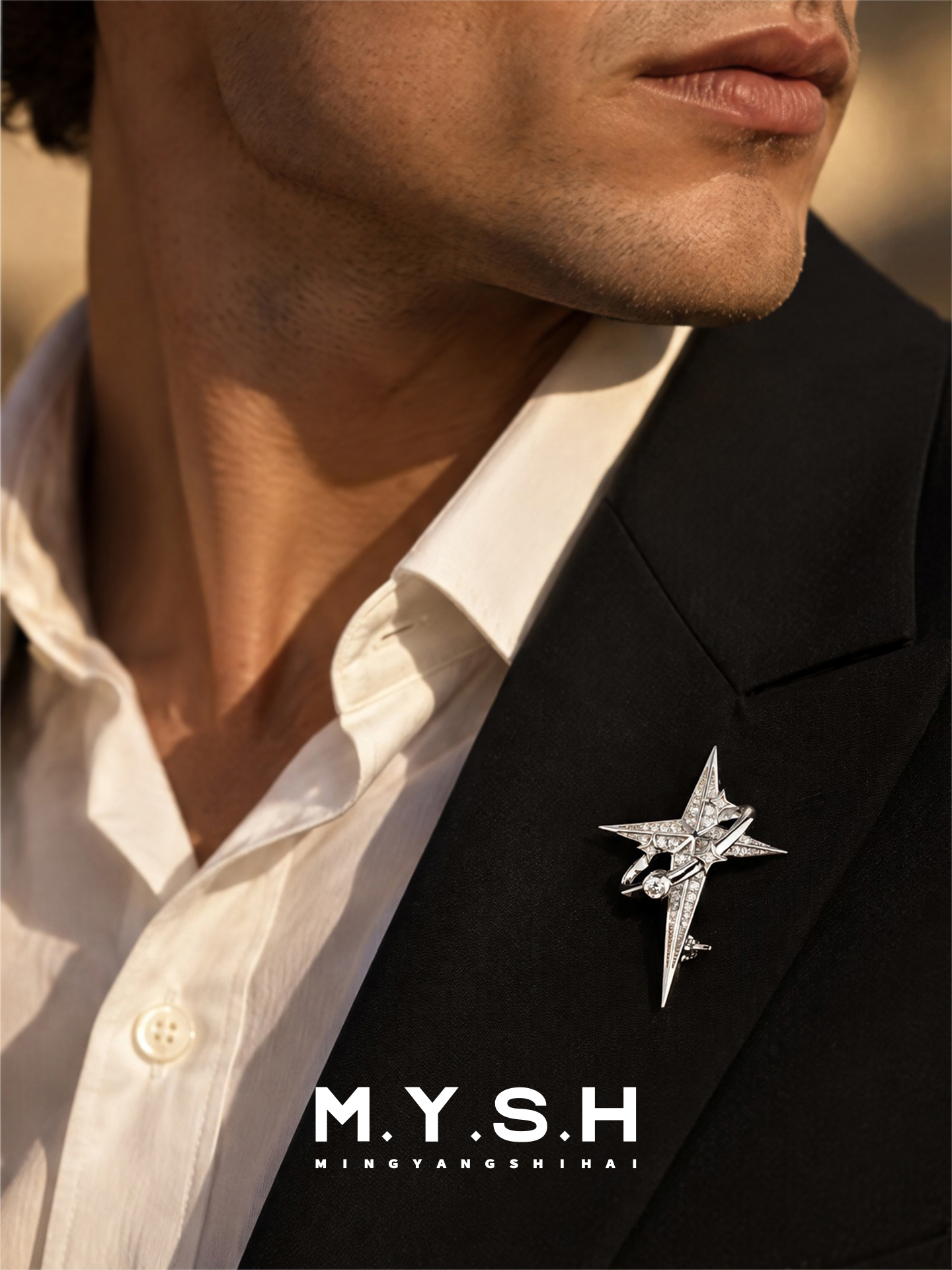 S925 Silver Cross Star Brooch for Men