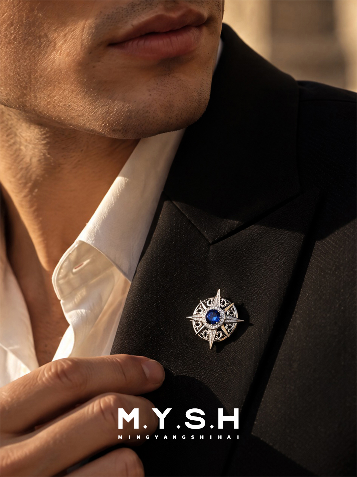 S925 Silver Lab-Grown Sapphire Eight-Point Star Brooch