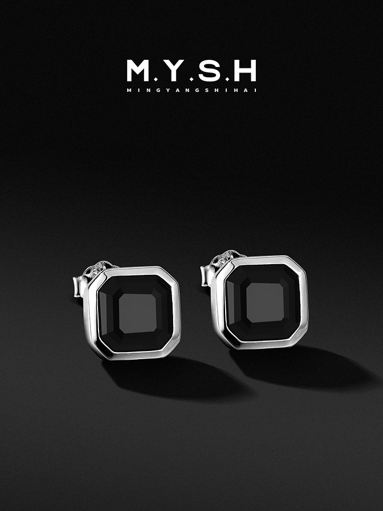S925 Silver Black Onyx Stud Earrings for Men