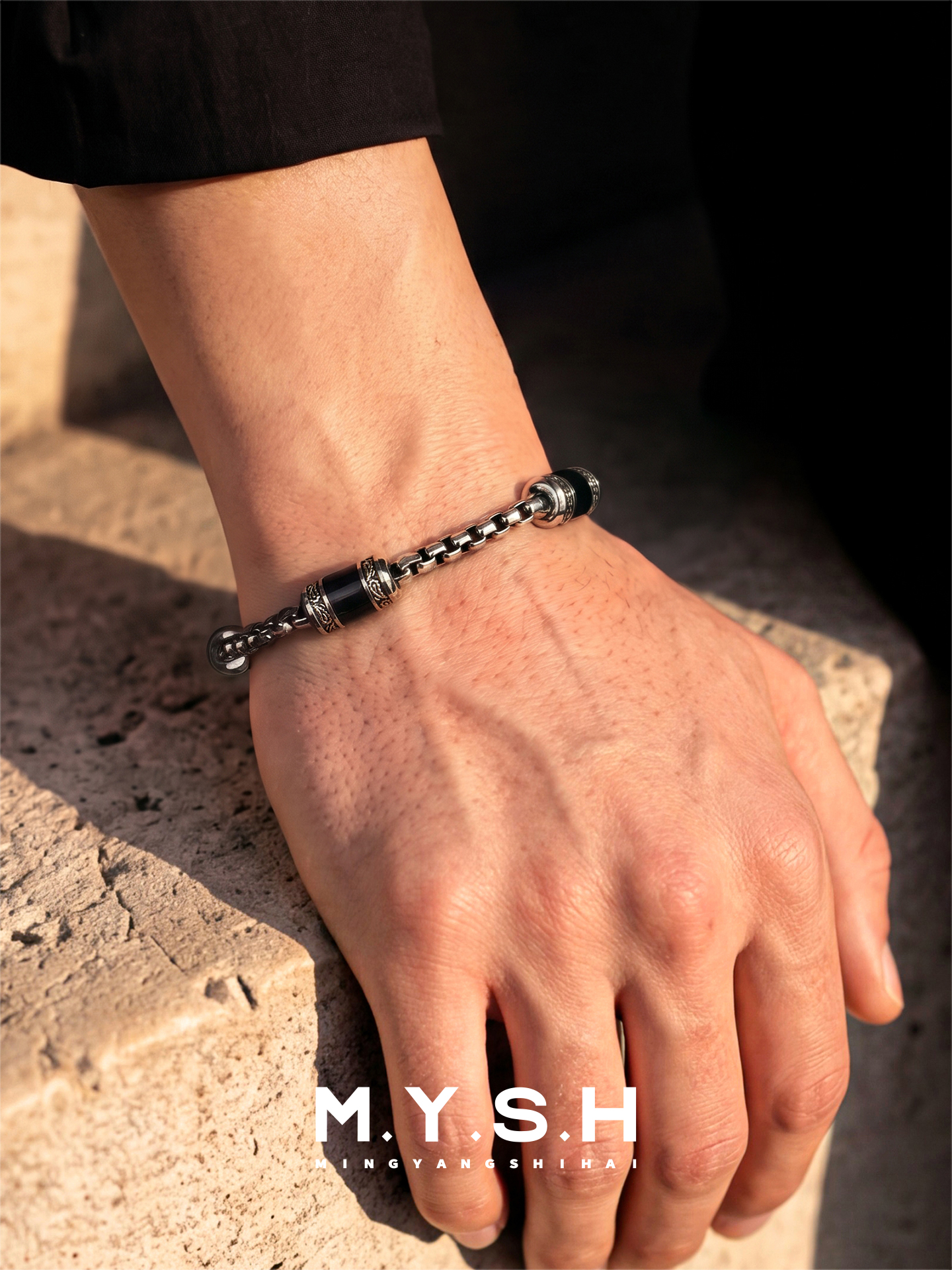 S925 silver Paisley Black Bead Bracelet