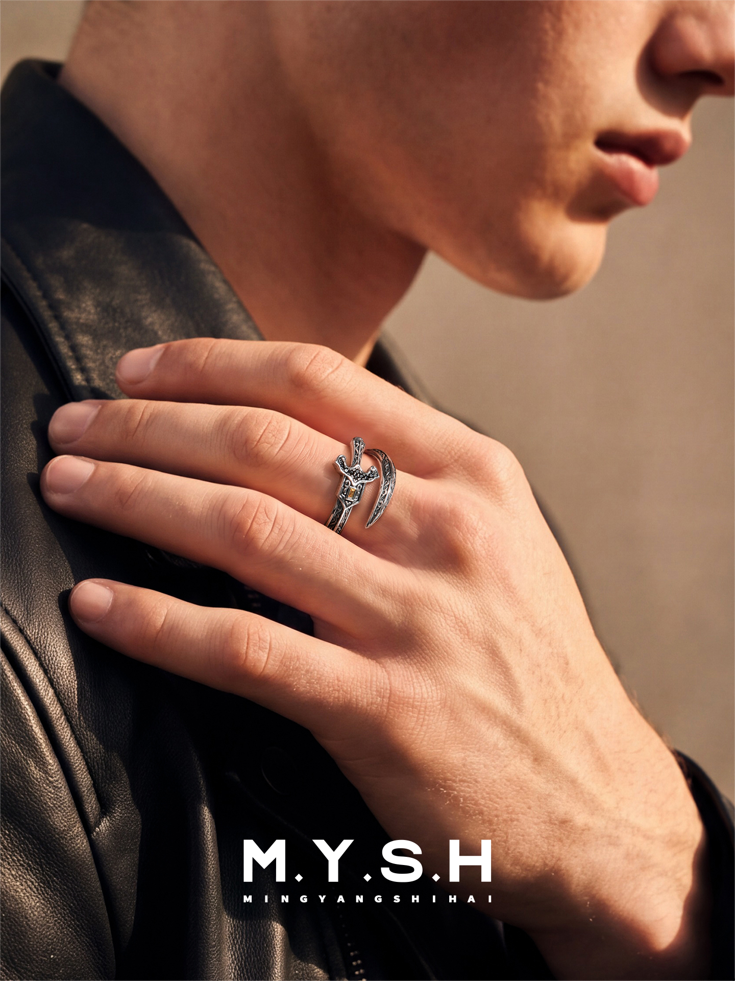 S925 Silver Knight Sword Open Ring for Men