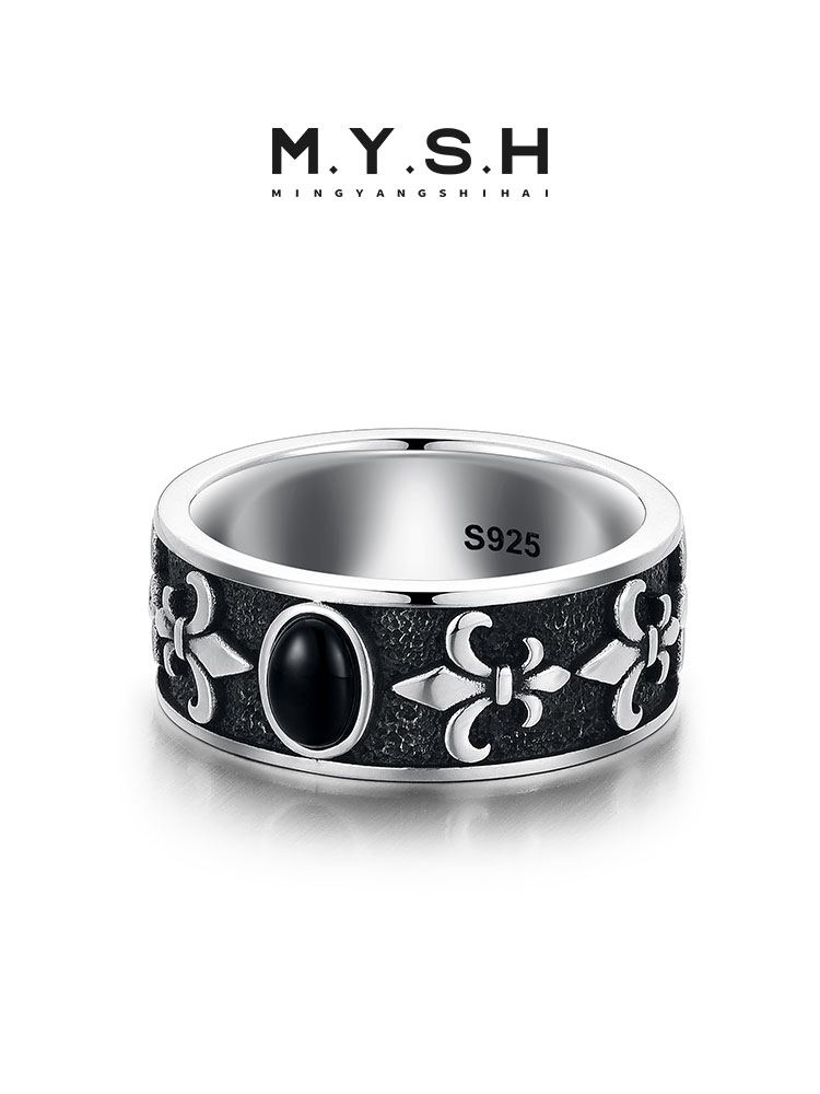 S925 Silver Black Onyx Fleur-de-Lis Wide Band Ring