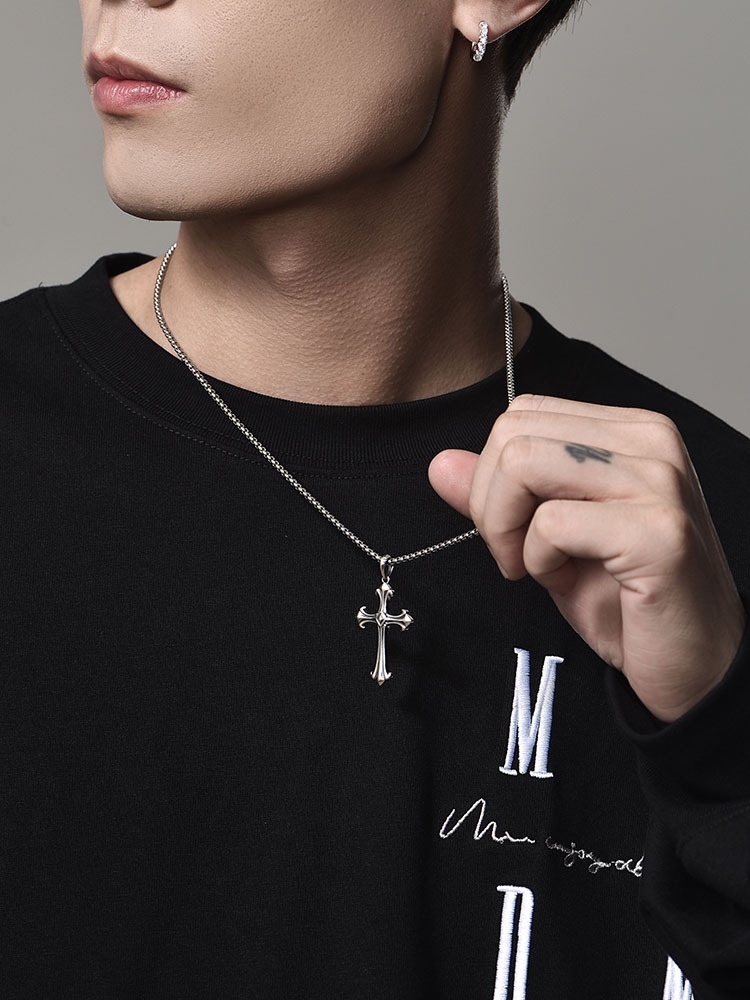 S925 Silver Oxidized Fleur-de-Lis Cross Pendant Necklace