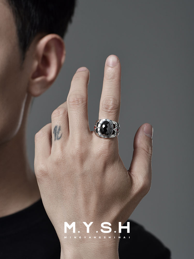 S925 Silver Roman Numeral Star of David Black Gem Ring