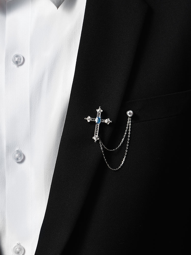 S925 Silver Blue Topaz Cross Chain Lapel Pin