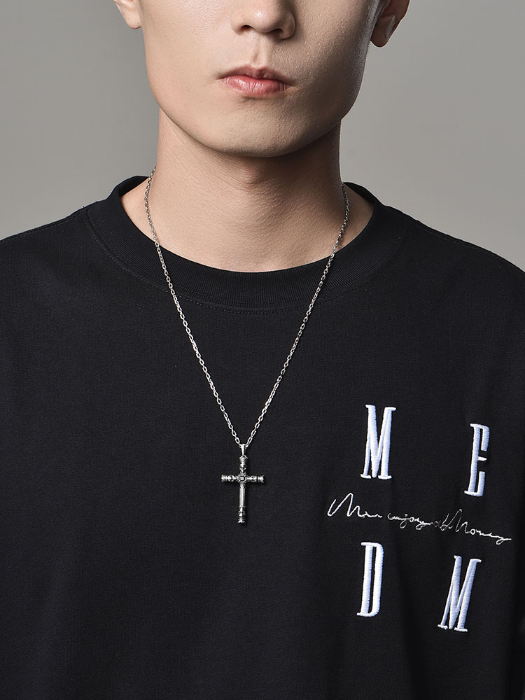 S925 Silver Skull Crown Cross Pendant Necklace