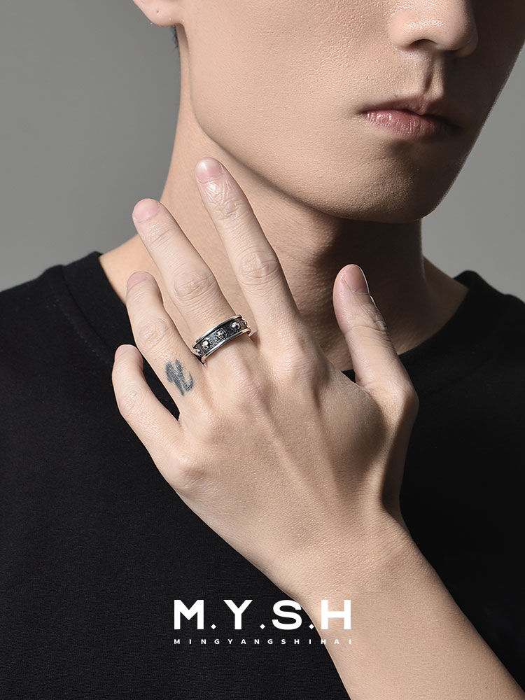 S925 Silver Soccer Ball Black Inlay Ring