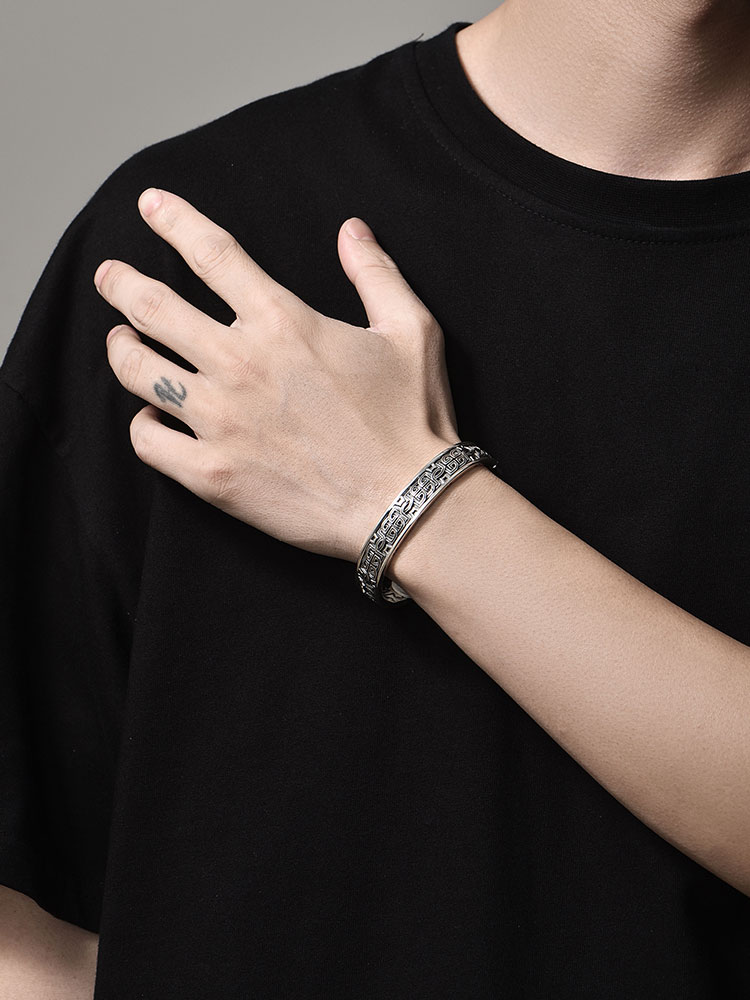 S925 Silver Vintage Greek Key Bangle Bracelet for Men