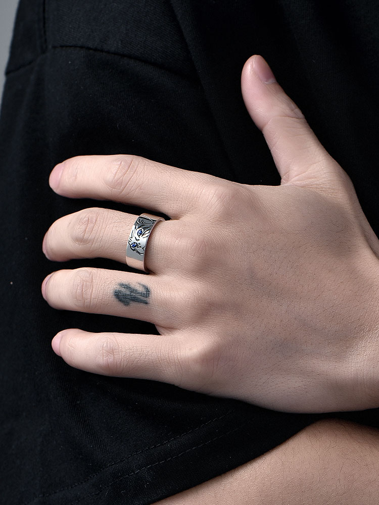 Sterling Silver Blue-Eyed Cat Open Ring