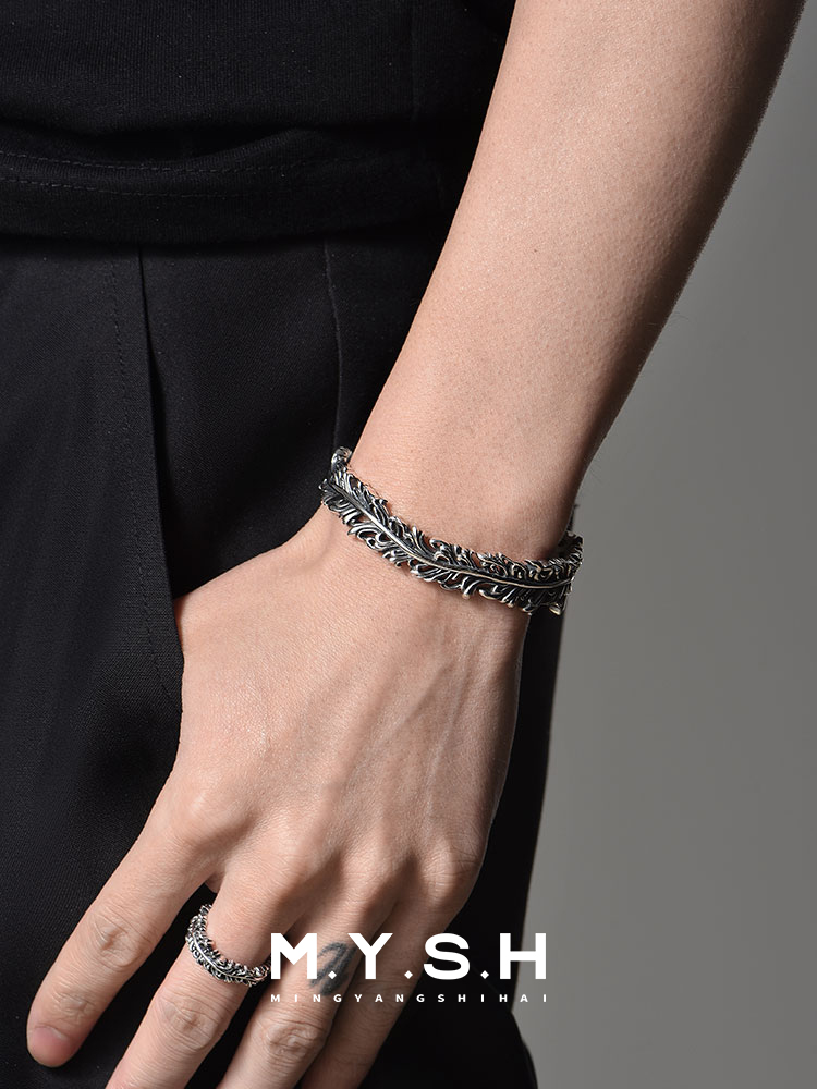 S925 Silver Vine Feather Cuff Bracelet for Men