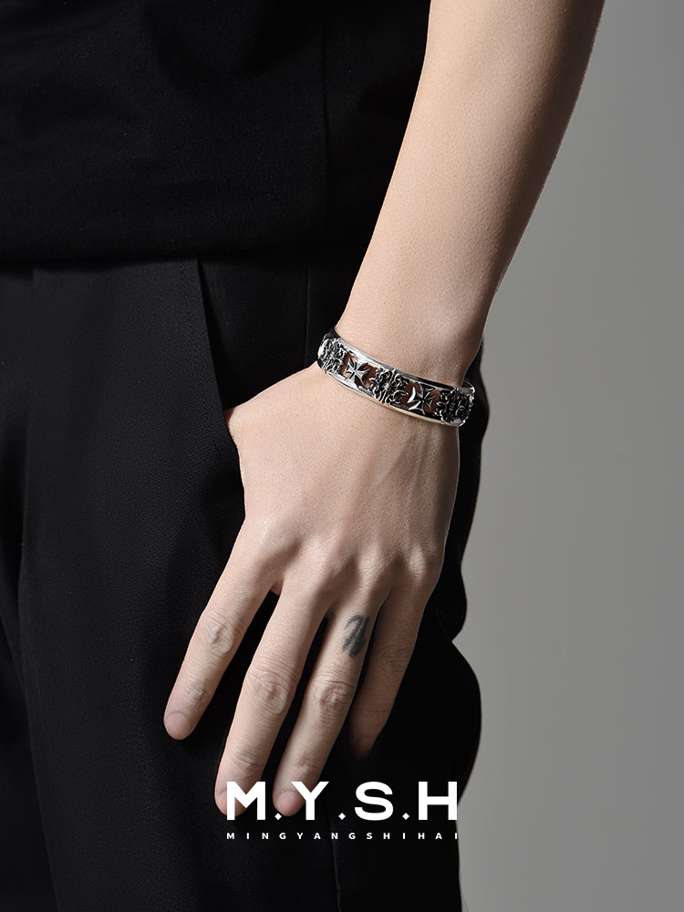 S925 Silver Gothic Cross Cuff Bracelet for Men