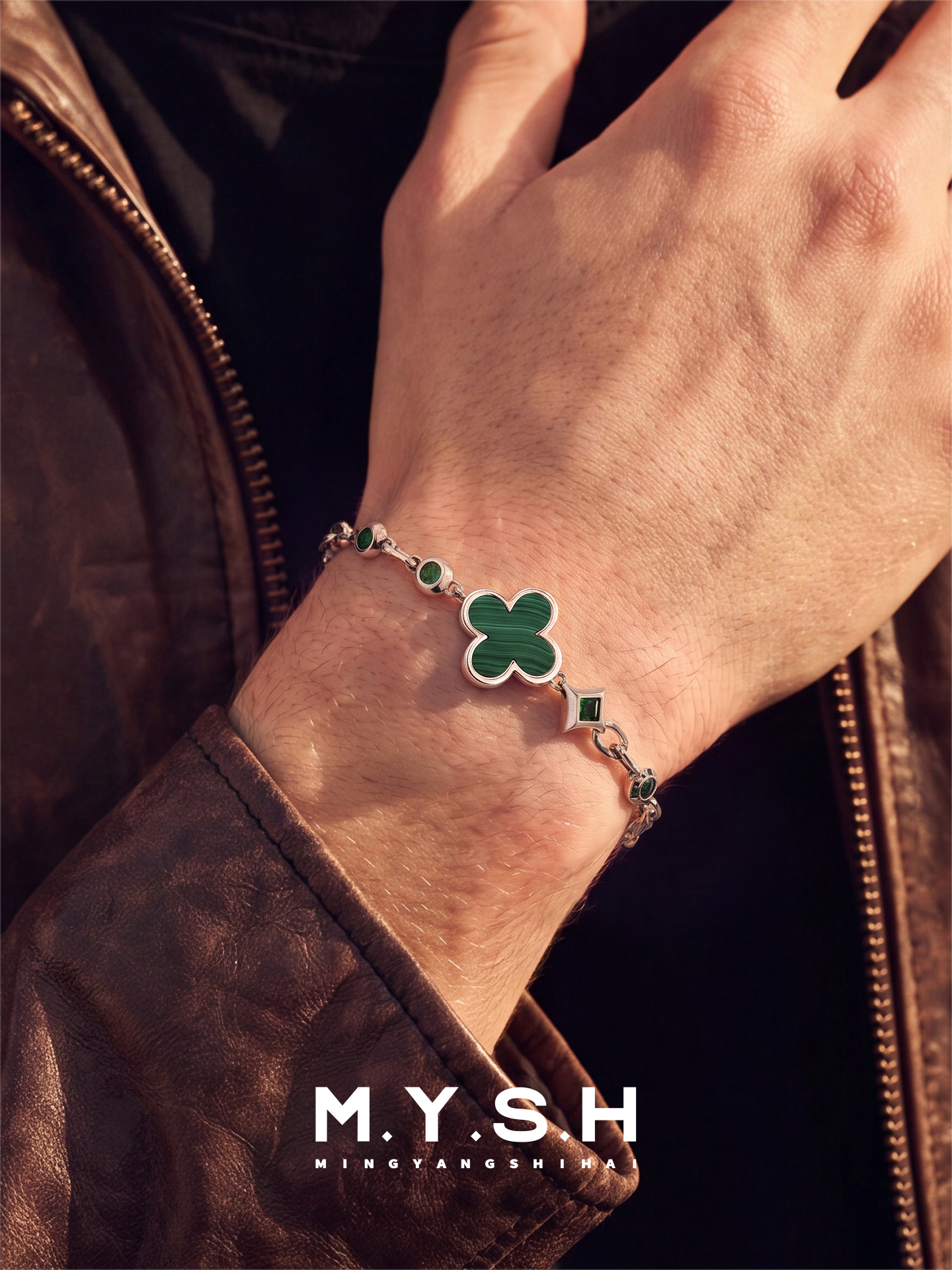 S925 Silver Black Agate Four-Leaf Clover Bracelet for Men