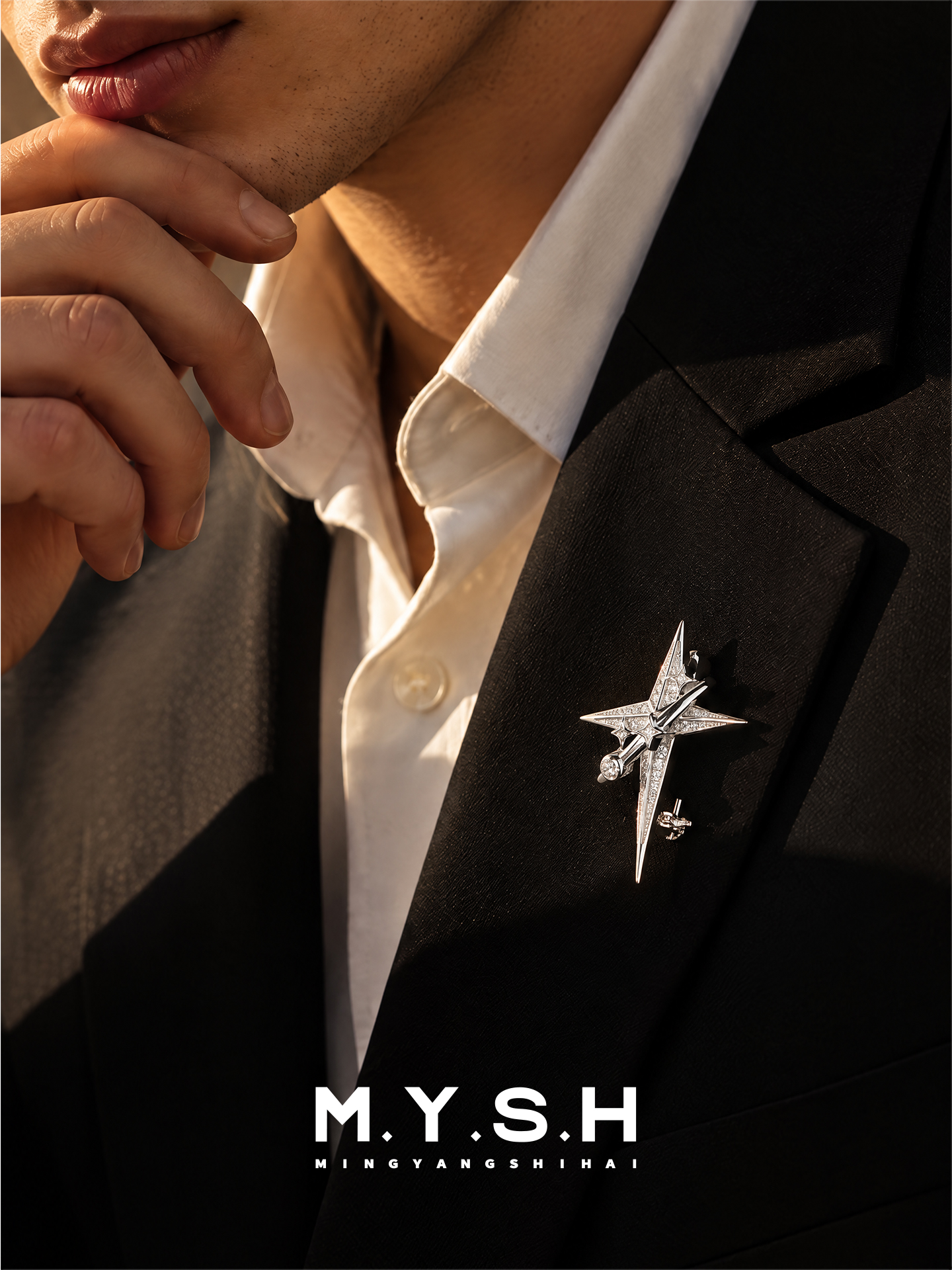 S925 Silver Cross Star Brooch for Men