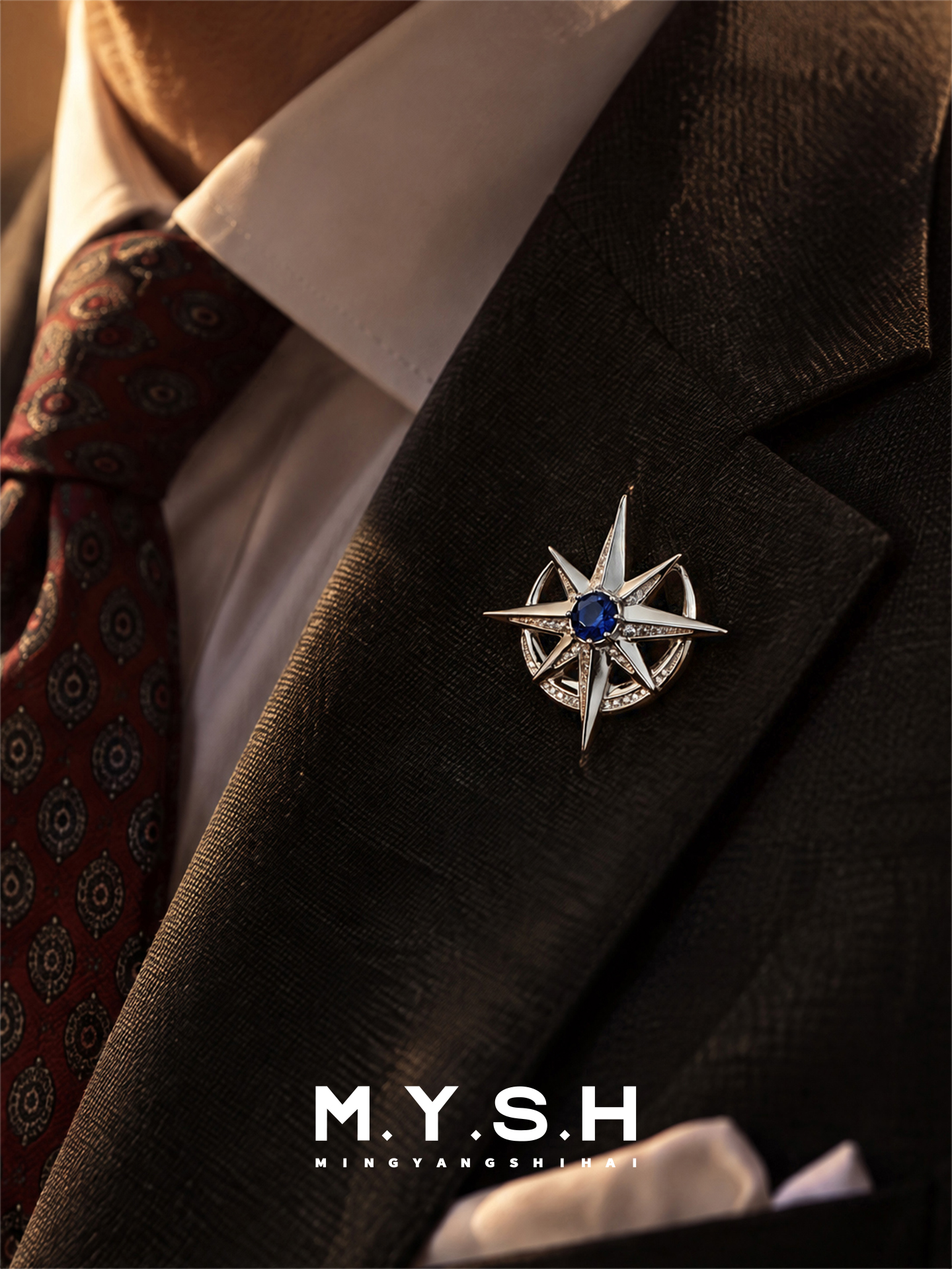 S925 Silver Eight-Point Star Brooch for Men