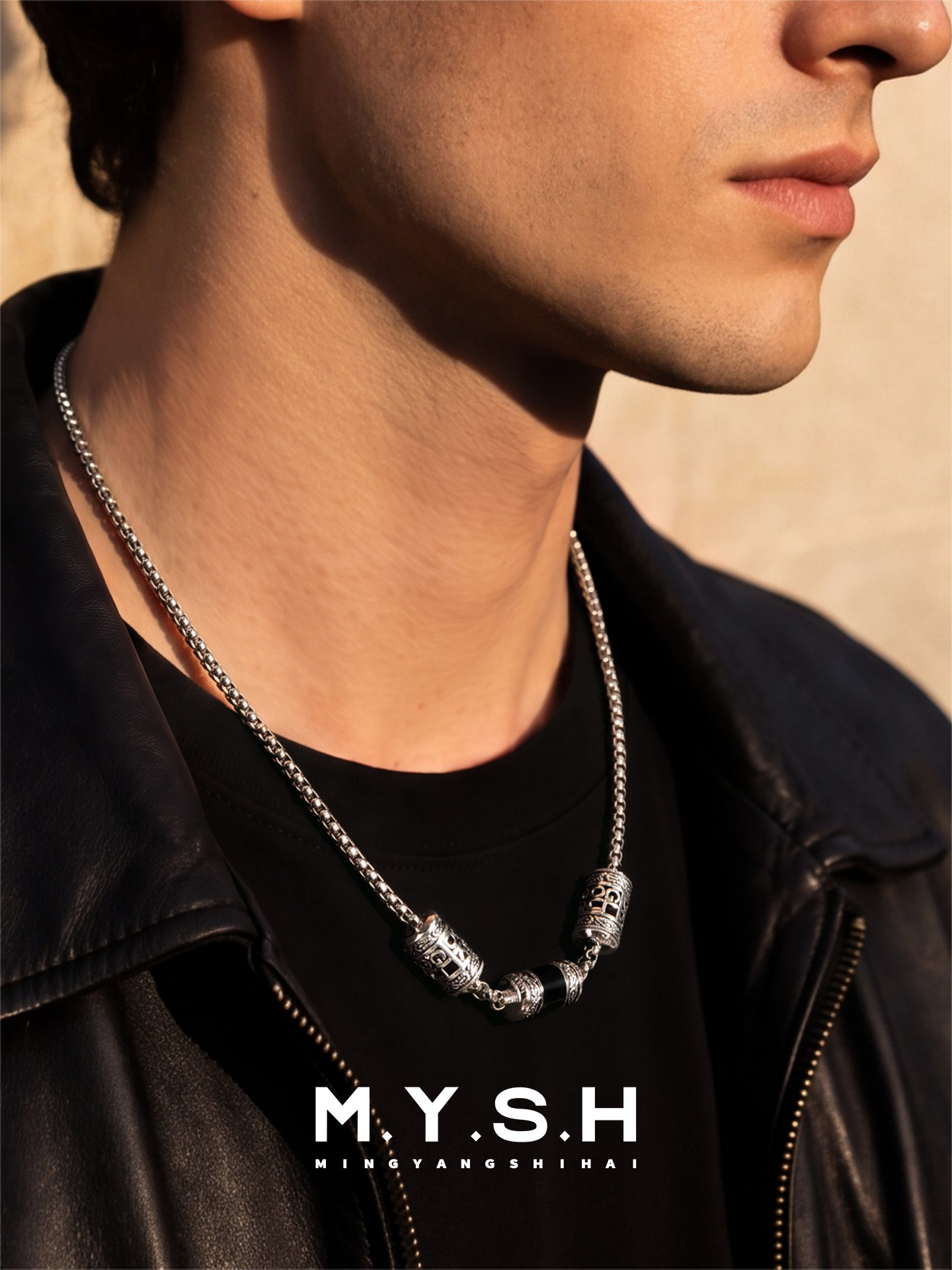 S925 Silver “GOOD LUCK” Three-Bead Necklace for Men
