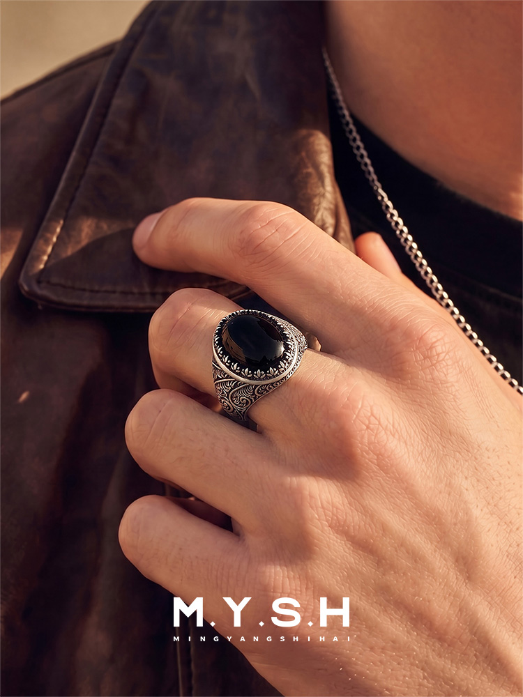S925 Silver Natural Black Agate Statement Ring