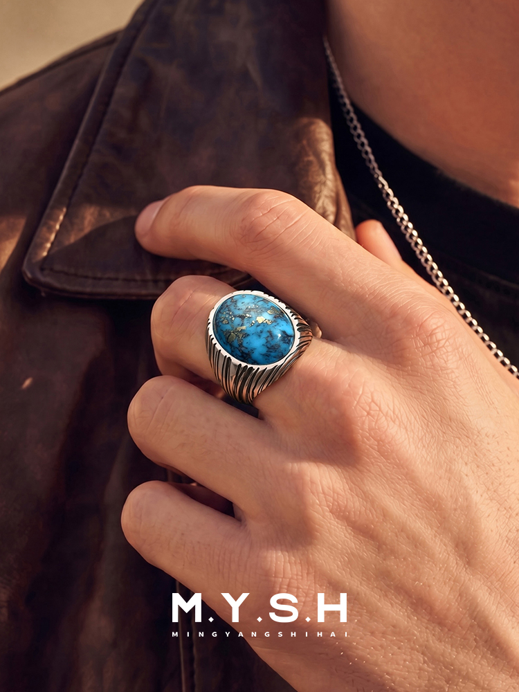 S925 Silver Natural Turquoise Statement Ring for Men