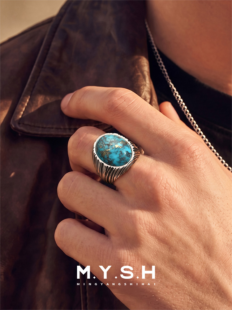 S925 Silver Natural Turquoise Statement Ring for Men