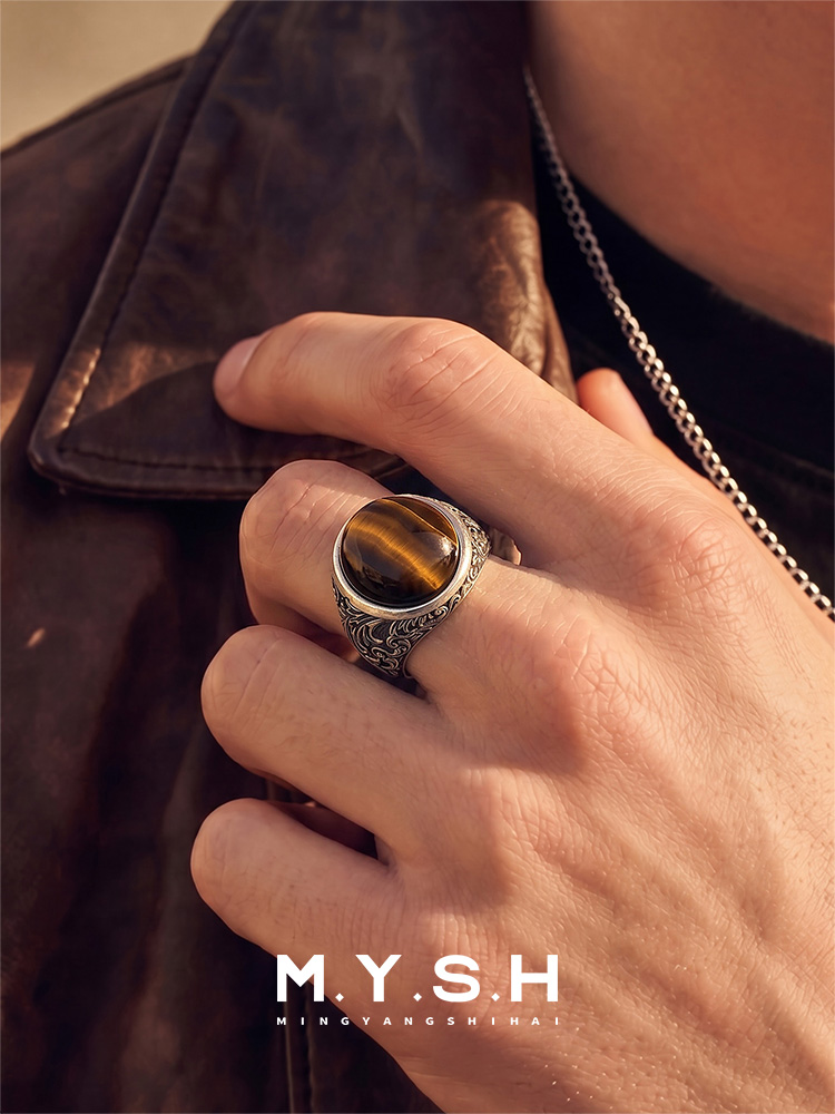 S925 Silver Natural Tiger’s Eye Statement Ring for Men