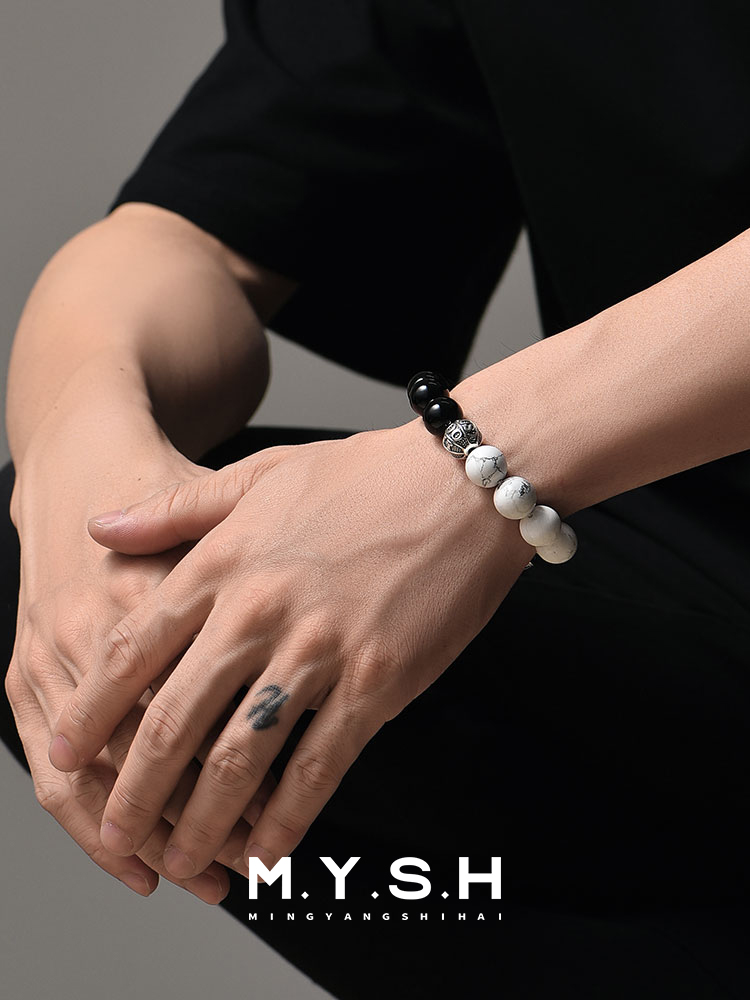 S925 Silver Basketball Charm Black & White Turquoise Bracelet