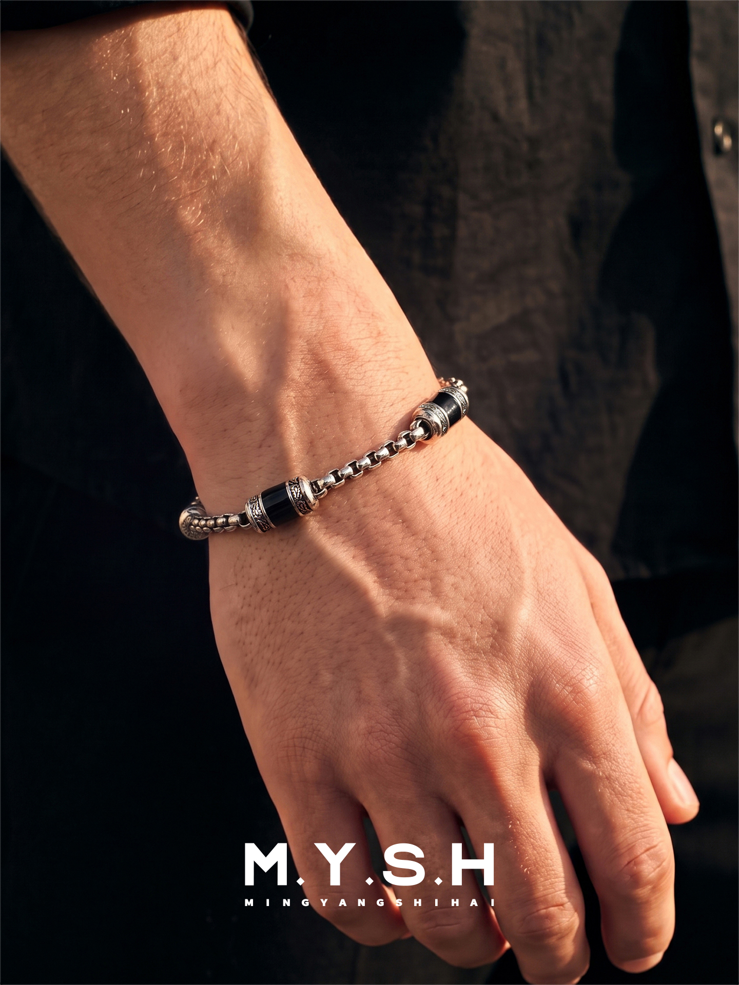S925 silver Paisley Black Bead Bracelet