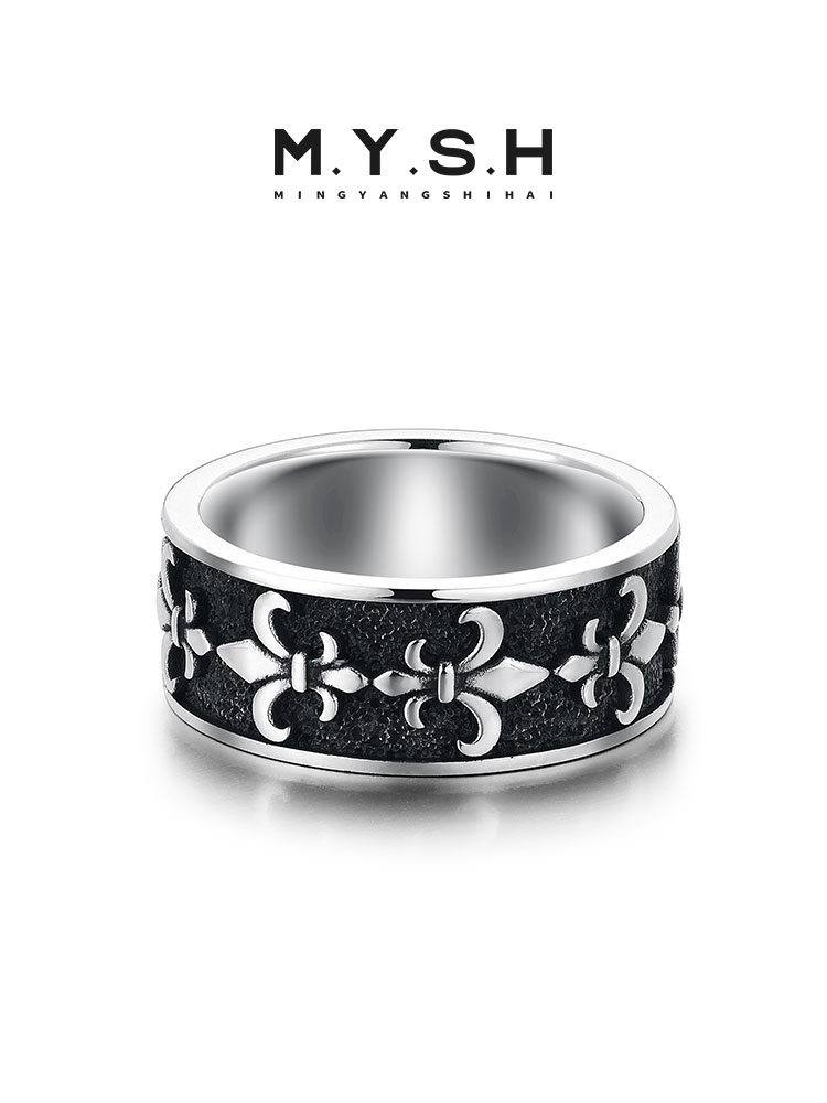 S925 Silver Black Onyx Fleur-de-Lis Wide Band Ring