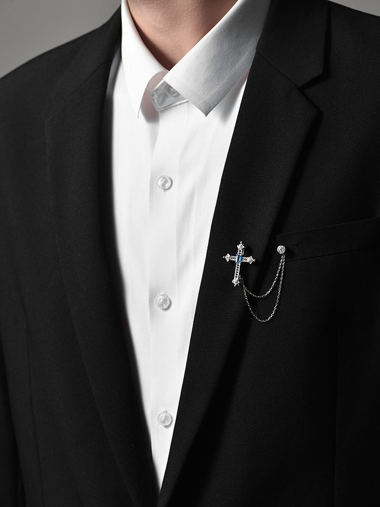 S925 Silver Blue Topaz Cross Chain Lapel Pin