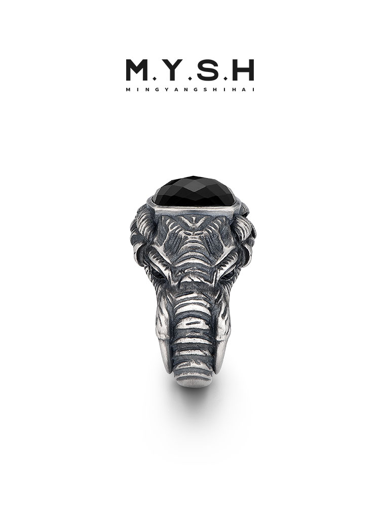 S925 Silver Black Onyx Elephant King Ring-MYSH