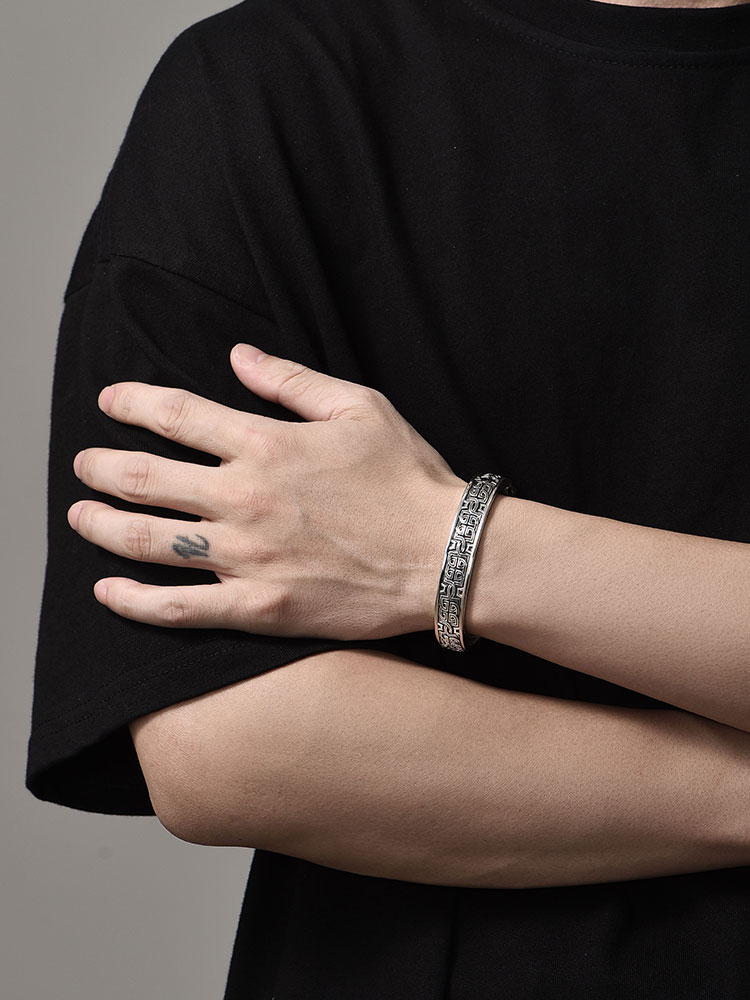 S925 Silver Vintage Greek Key Bangle Bracelet for Men