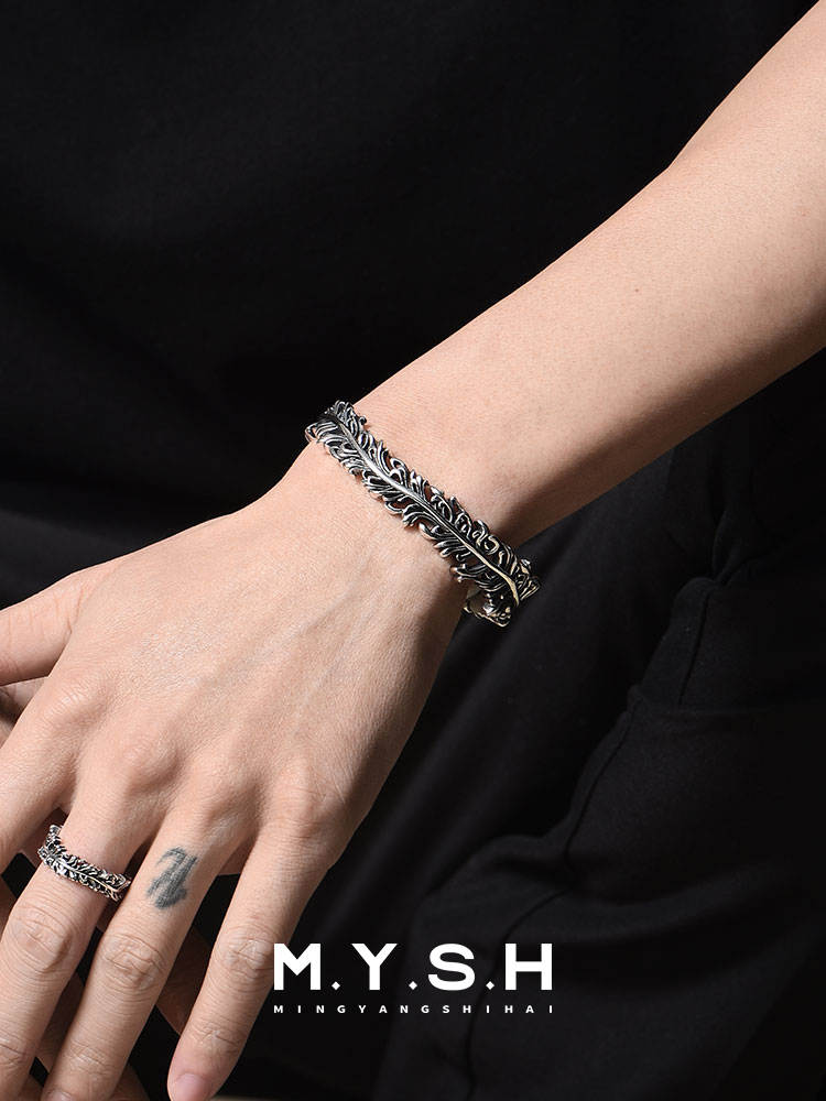 S925 Silver Vine Feather Cuff Bracelet for Men