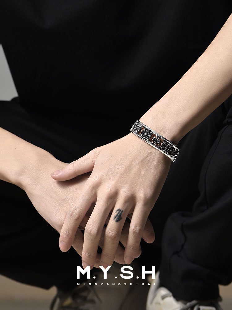 S925 Silver Gothic Cross Cuff Bracelet for Men
