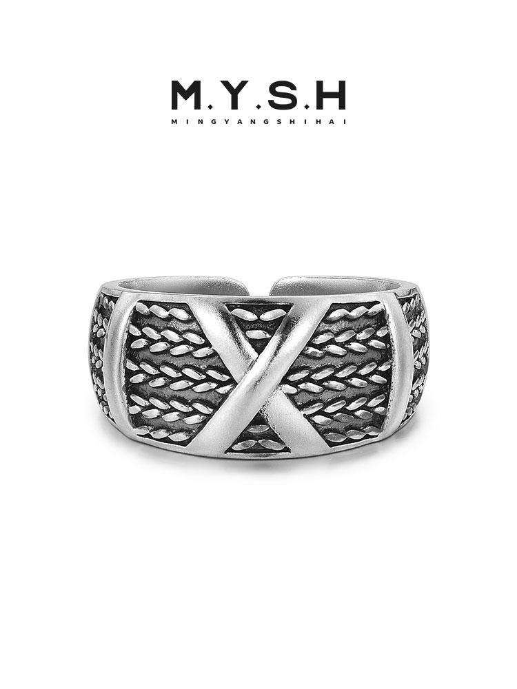 S925 Silver Wide Band Cross Texture Ring
